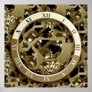 Golden Clocks en tandwielen Steampunk Mechanical G Poster