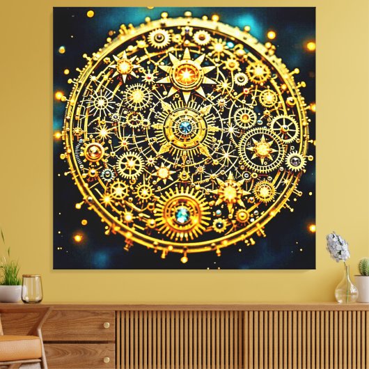 Golden Clockwork Celestial Art Canvas Afdruk (Insitu (Woonkamer))
