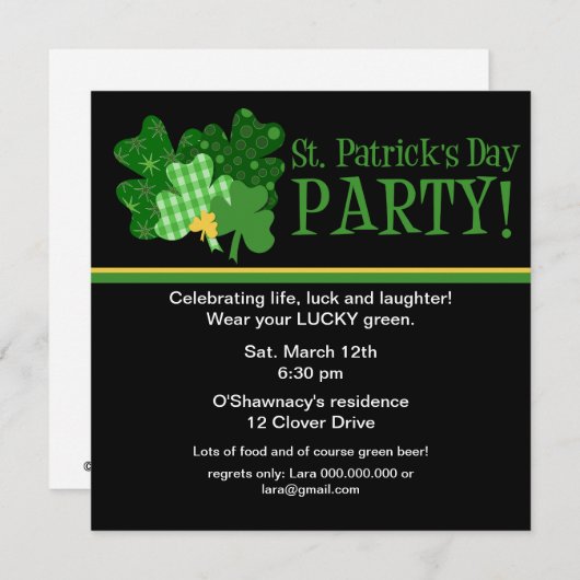 Golden Clover St/ Patrick's Day Party Invitation Kaart (Voorkant / Achterkant)