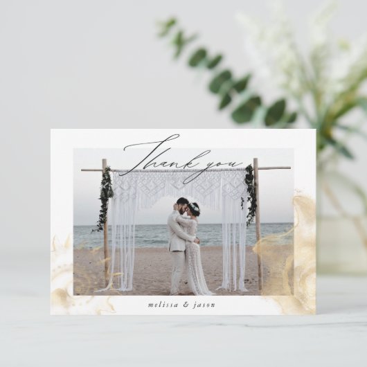Golden Coastal Twee foto bruiloft Bedankkaart (Staand voorkant)