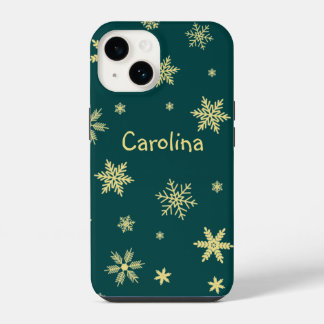 Golden Color Snowflakes naam blauwgroen iPhone 14 Hoesje