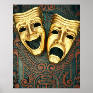 Golden comedy en tragedie maskers op gevlekt poster