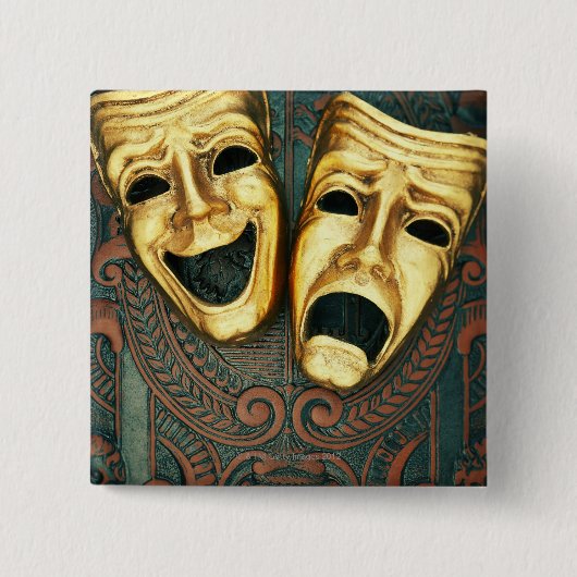 Golden comedy en tragedie maskers op gevlekt vierkante button 5,1 cm (Voorkant)