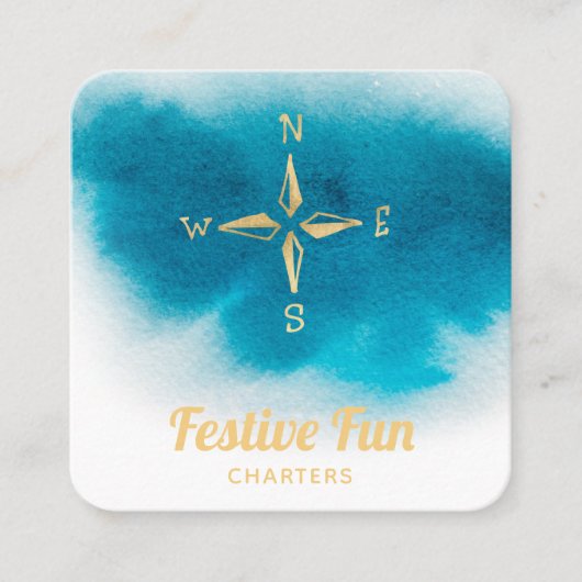*~* Golden Compass Beach Ocean White Blauwgroen Bl Vierkante Visitekaartje (Voorkant)