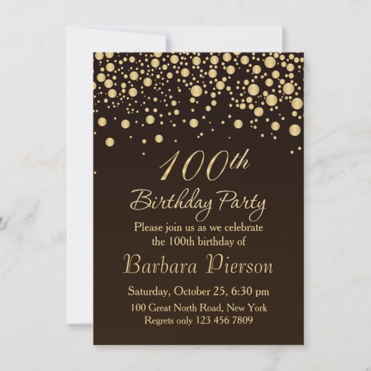 Golden confetti 100th Birthday Party Invitation Kaart (Voorkant)