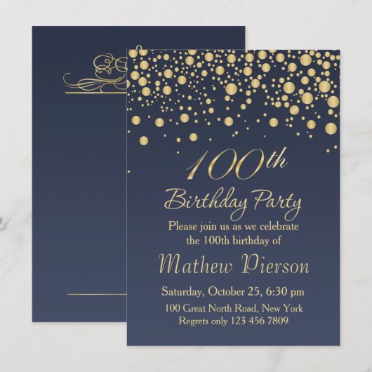 Golden confetti 100th Birthday Party Invitation Kaart (Voorkant / Achterkant)