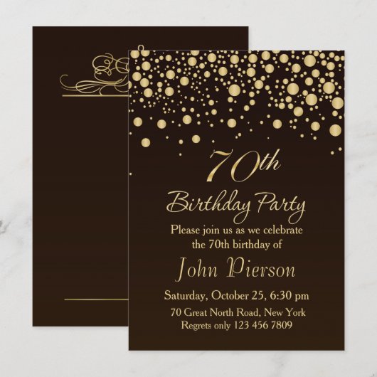 Golden confetti 70th Birthday Party Invitation Kaart (Voorkant / Achterkant)