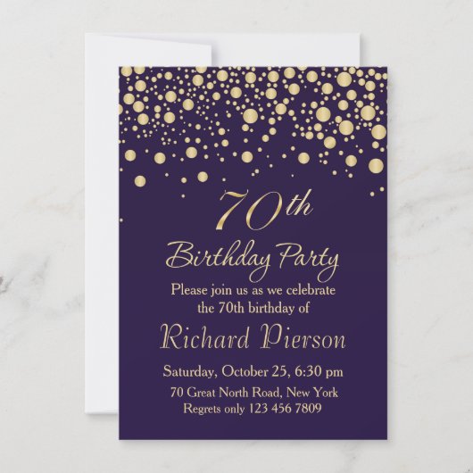Golden confetti 70th Birthday Party Invitation Kaart (Voorkant)