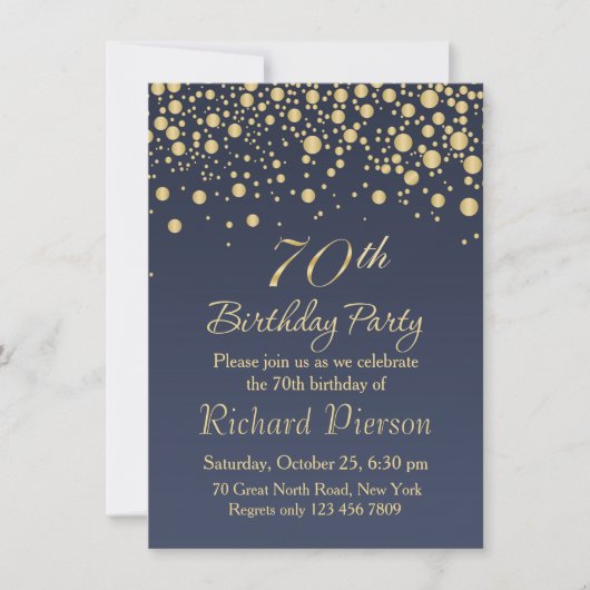 Golden confetti 70th Birthday Party Invitation Kaart (Voorkant)
