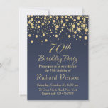 Golden confetti 70th Birthday Party Invitation Kaart<br><div class="desc">Golden round confetti op een blauwe grijze achtergrond 70th Birthday Party Invitation</div>