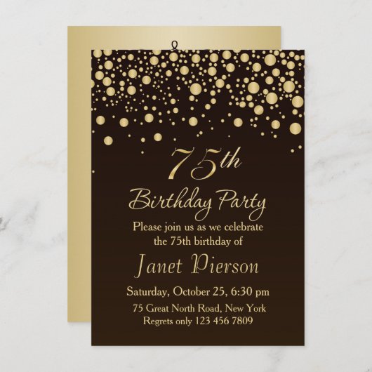 Golden confetti 75th Birthday Party Invitation Kaart (Voorkant / Achterkant)