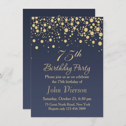 Golden confetti 75th Birthday Party Invitation Kaart (Voorkant / Achterkant)