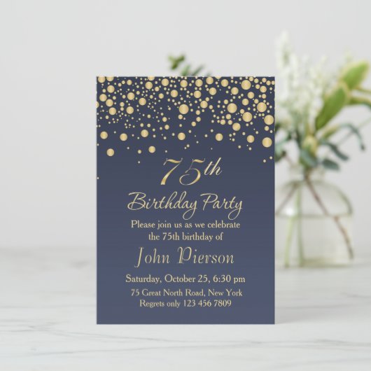 Golden confetti 75th Birthday Party Invitation Kaart (Staand voorkant)