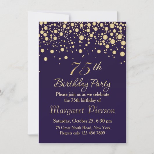 Golden confetti 75th Birthday Party Invitation Kaart (Voorkant)