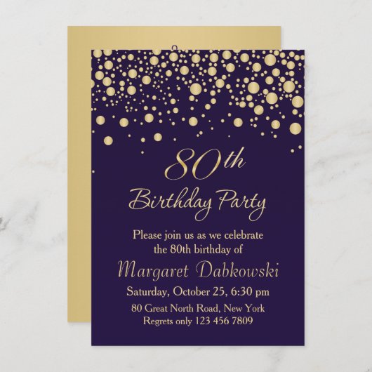 Golden confetti 80th Birthday Party Invitation Kaart (Voorkant / Achterkant)