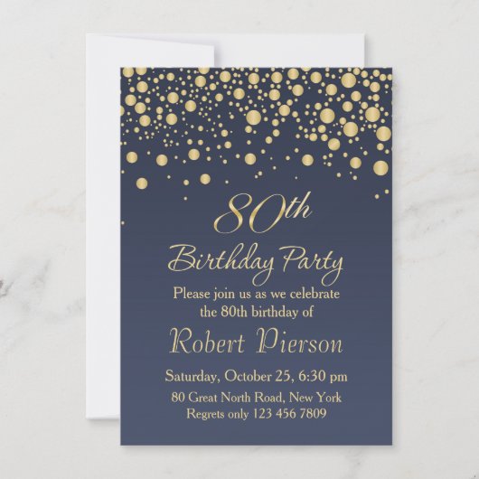 Golden confetti 80th Birthday Party Invitation Kaart (Voorkant)