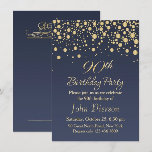 Golden confetti 90th Birthday Party Invitation Kaart (Voorkant / Achterkant)