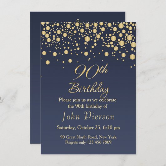 Golden confetti 90th Birthday Party Invitation Kaart (Voorkant / Achterkant)