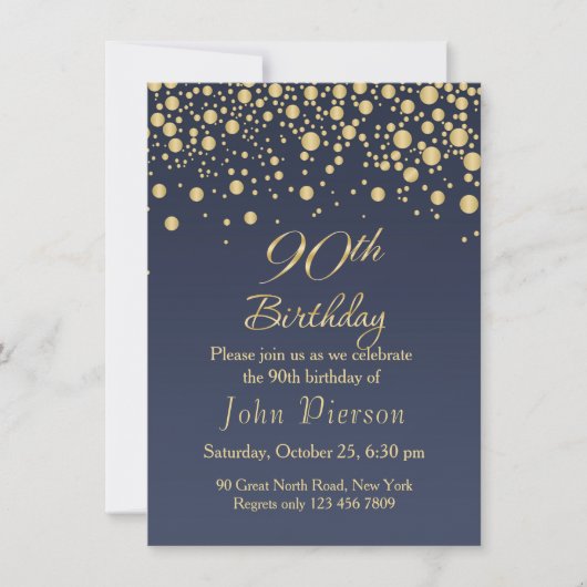 Golden confetti 90th Birthday Party Invitation Kaart (Voorkant)