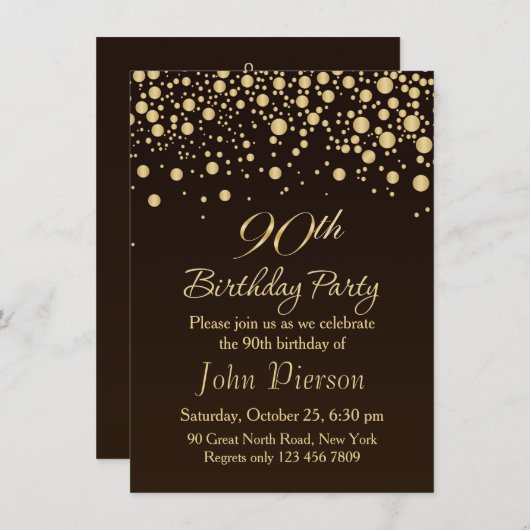 Golden confetti 90th Birthday Party Invitation Kaart (Voorkant / Achterkant)
