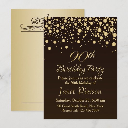 Golden confetti 90th Birthday Party Invitation Kaart (Voorkant / Achterkant)