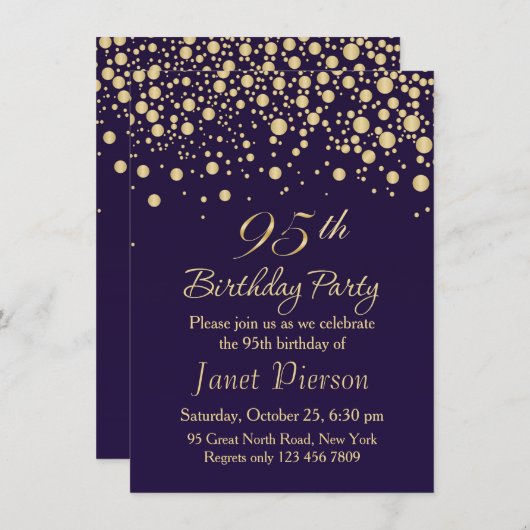 Golden confetti 95th Birthday Party Invitation Kaart (Voorkant / Achterkant)