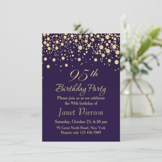 Golden confetti 95th Birthday Party Invitation Kaart (Staand voorkant)