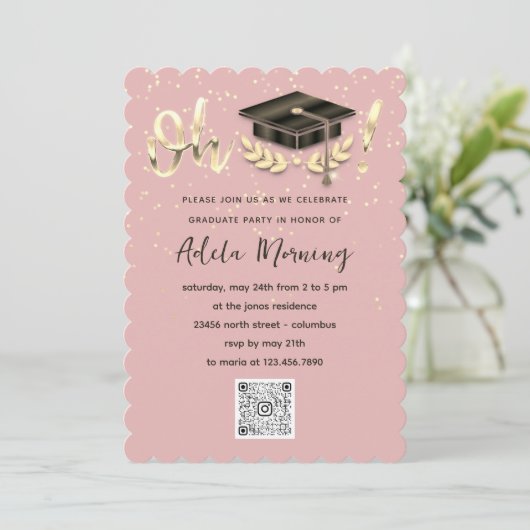 Golden Confetti Afstuderen QR-code Blush Kaart (Staand voorkant)