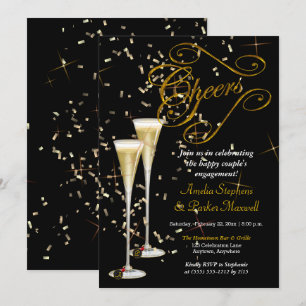 Golden Confetti Champagne Cheers Engagement Party Kaart