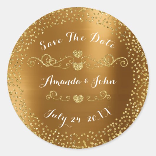 Golden Confetti Glitter Save the Date Metallic VIP Ronde Sticker (Voorkant)