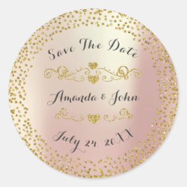 Golden Confetti Glitter Save the Date Pink Blush Ronde Sticker