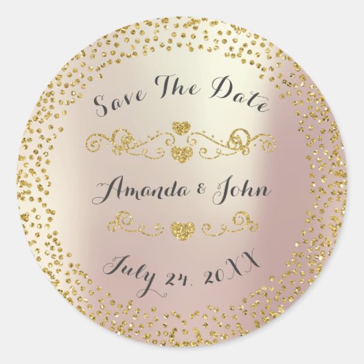 Golden Confetti Glitter Save the Date Pink Blush Ronde Sticker (Voorkant)