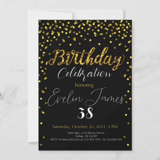 Golden Confetti Invitation, Gold Birthday Party Kaart (Voorkant)