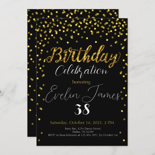 Golden Confetti Invitation, Gold Birthday Party Kaart (Voorkant / Achterkant)
