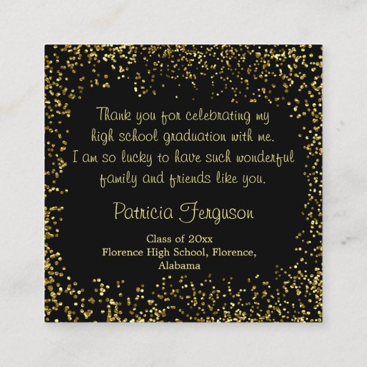 Golden confetti, mortar, diploma Afstuderen Informatiekaartje (Achterkant)