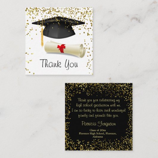 Golden confetti, mortar, diploma Afstuderen Informatiekaartje (Voorkant / Achterkant)