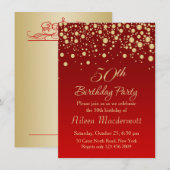Golden confetti on red 50th Birthday Invitation Kaart (Voorkant / Achterkant)