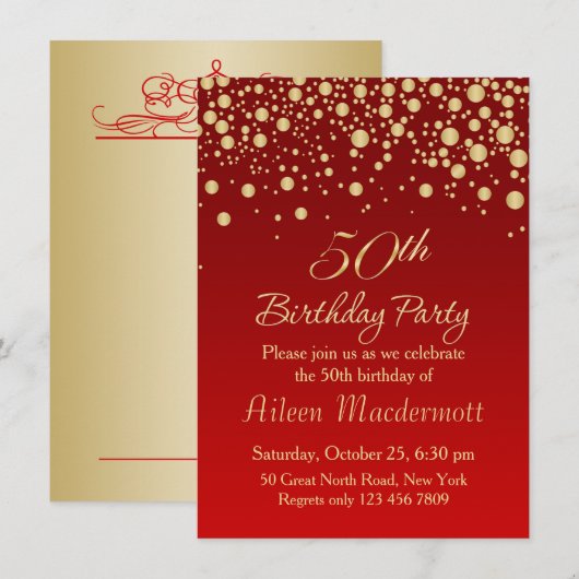 Golden confetti on red 50th Birthday Invitation Kaart (Voorkant / Achterkant)