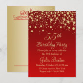 Golden confetti on red 55th Birthday Invitation Kaart (Voorkant / Achterkant)