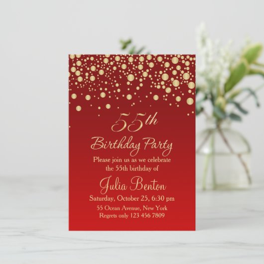 Golden confetti on red 55th Birthday Invitation Kaart (Staand voorkant)