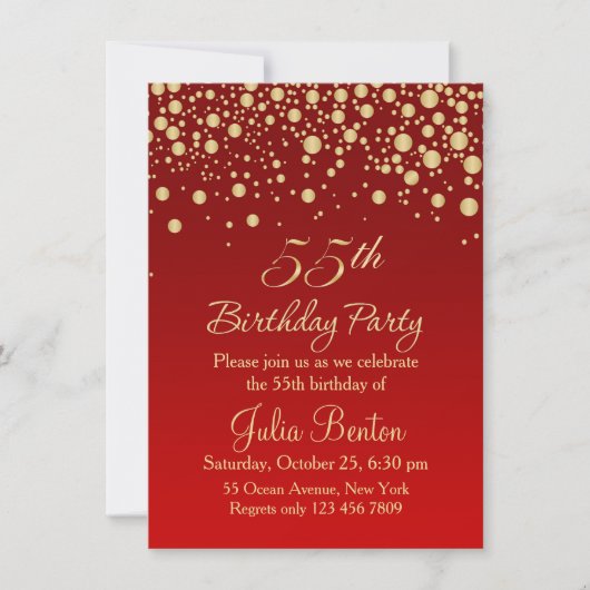 Golden confetti on red 55th Birthday Invitation Kaart (Voorkant)