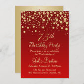 Golden confetti on red 75th Birthday Invitation Kaart (Voorkant / Achterkant)