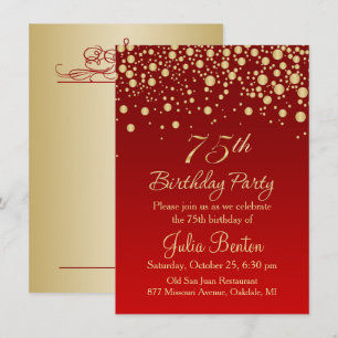Golden confetti on red 75th Birthday Invitation Kaart