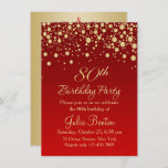 Golden confetti on red 80th Birthday Invitation Kaart<br><div class="desc">Golden round confetti on red gradient background 80th Birthday Party Invitation</div>