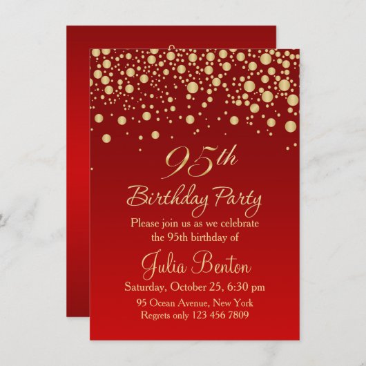 Golden confetti on red 95th Birthday Invitation Kaart (Voorkant / Achterkant)