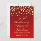 Golden confetti on red 95th Birthday Invitation Kaart (Voorkant)