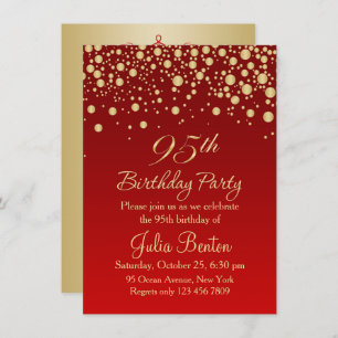 Golden confetti on red 95th Birthday Invitation Kaart