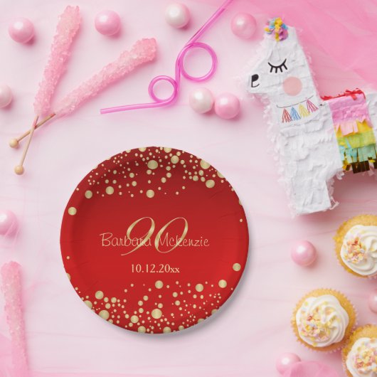 Golden confetti op de rode 90e verjaardag papieren bordje (Feest)