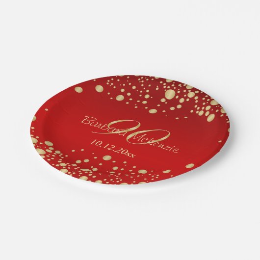 Golden confetti op de rode 90e verjaardag papieren bordje (Gekanteld)