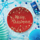 Golden confetti over de rode kerst papieren bordje (Feest)